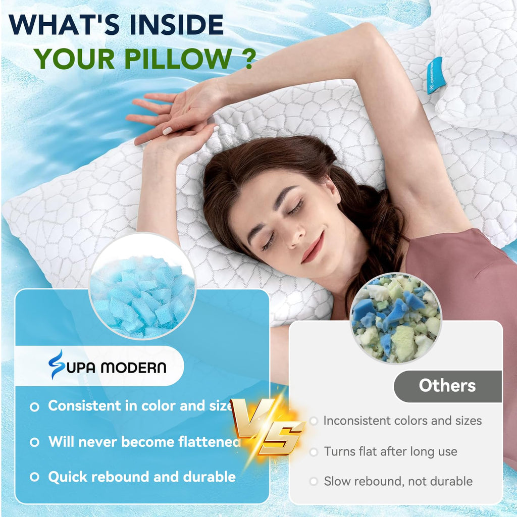 SUPA MODERN Cooling Pillow Queen Size Set of 2, CertiPUR-US Shredded Memory Foam Pillows for Sleeping, Cool Bed Pillows for Hot Sleepers, Adjustable Firm Pillow for Side,Back,Stomach Sleepers