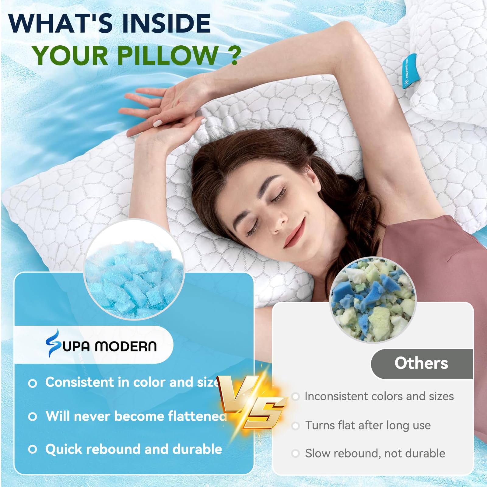 SUPA MODERN Cooling Pillow Queen Size Set of 2, CertiPUR-US Shredded Memory Foam Pillows for Sleeping, Cool Bed Pillows for Hot Sleepers, Adjustable Firm Pillow for Side,Back,Stomach Sleepers