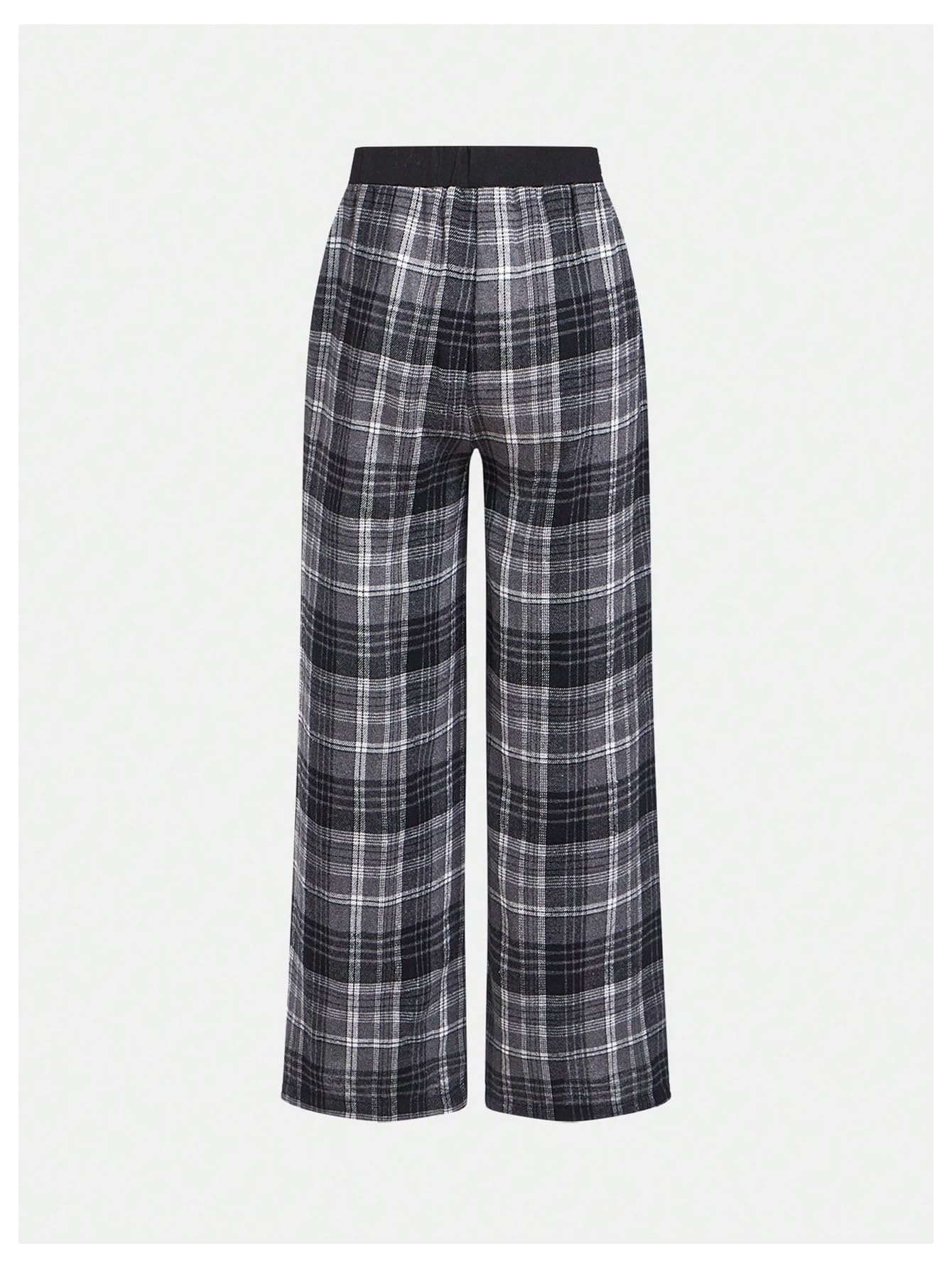 WDIRARA Girl's Plaid Elastic Waist Pants Wide Leg Long Baggy Pants with Pockets Dark Grey 9Y