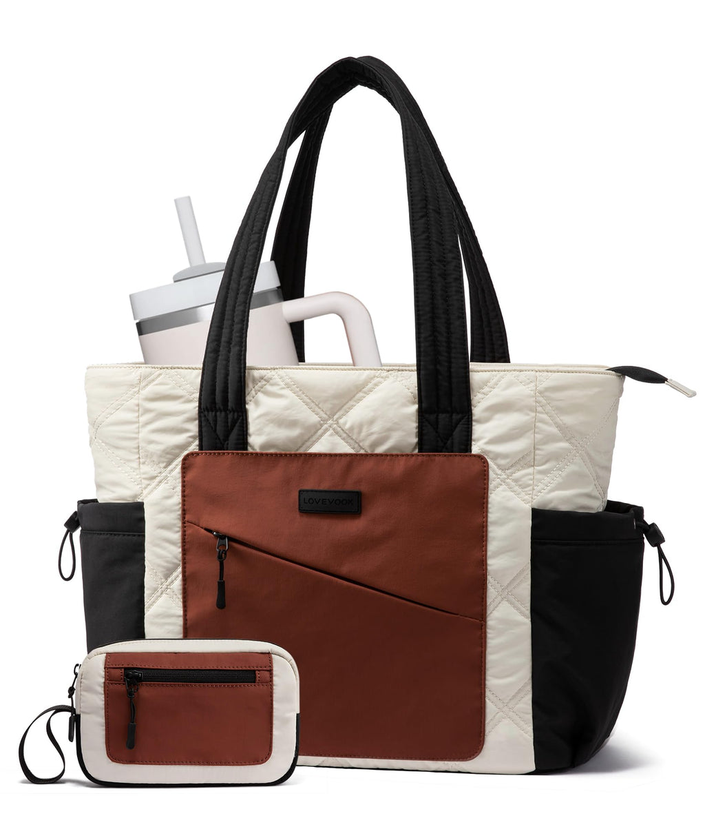 LOVEVOOK Tote Bag for Women, Puffer Bag and Work Bags with Zipper for Travel, Daily, School, Quilted Nurse Shoulder, 2pcs