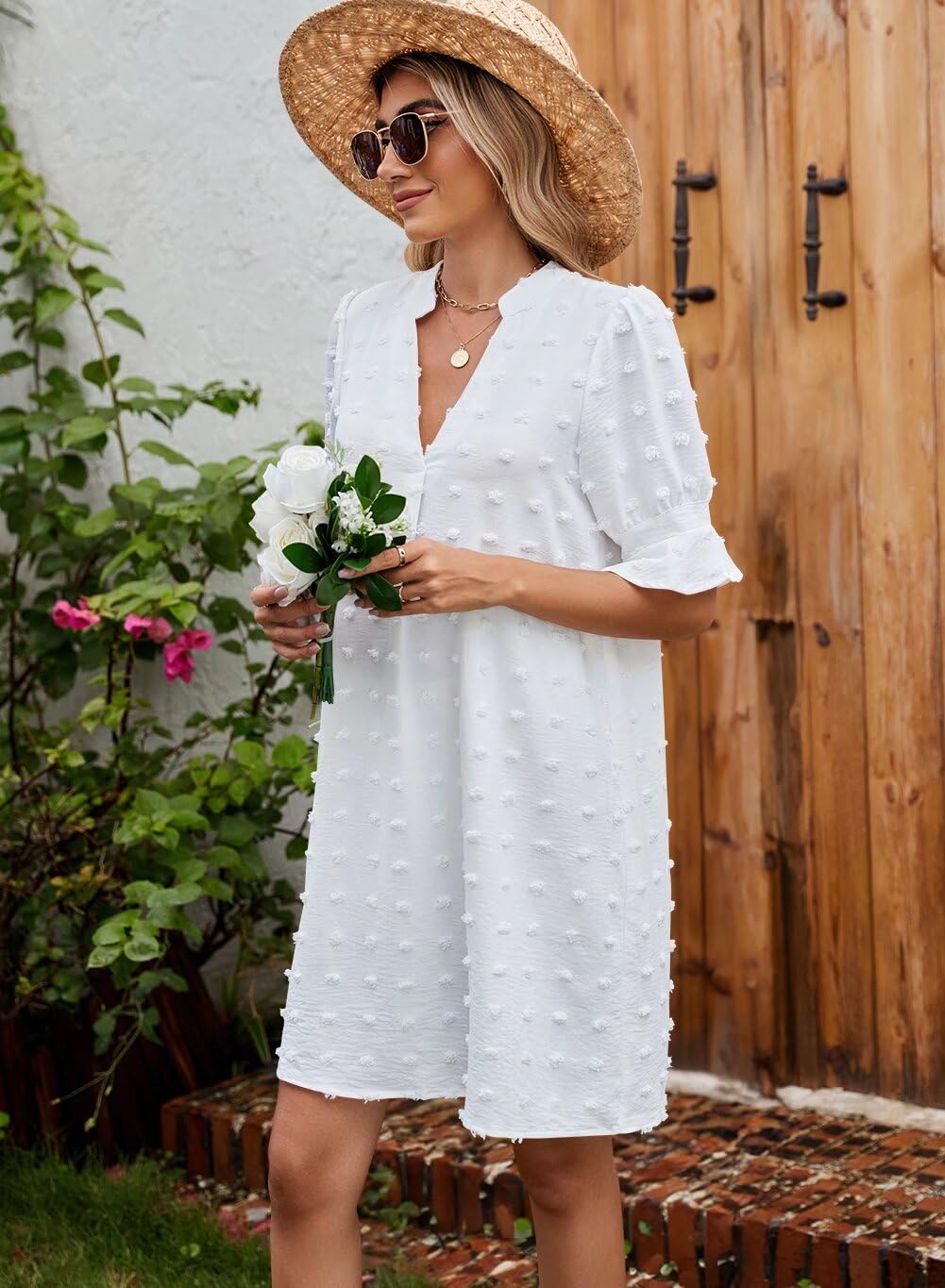 QACOHU Women's 2026 Spring Summer Casual Dress Short Sleeve V-Neck Midi Dress Ruffle Spring Summer Chiffon Dress White L