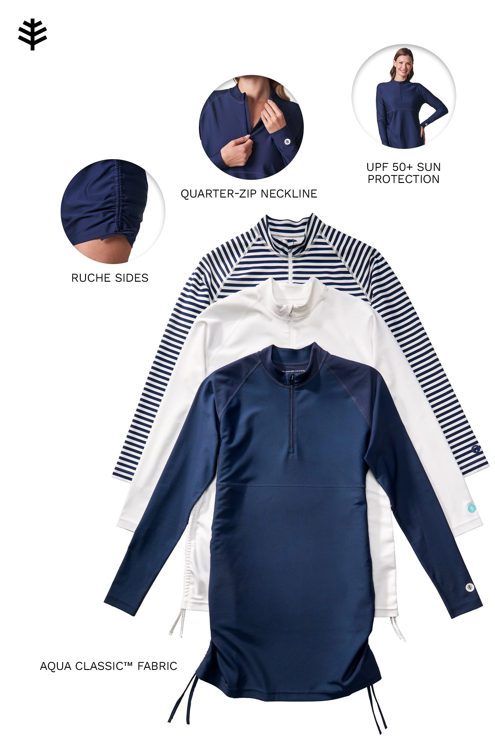 Coolibar UPF 50+ Women's Ruche Swim Shirt - Sun Protective,Navy,Medium