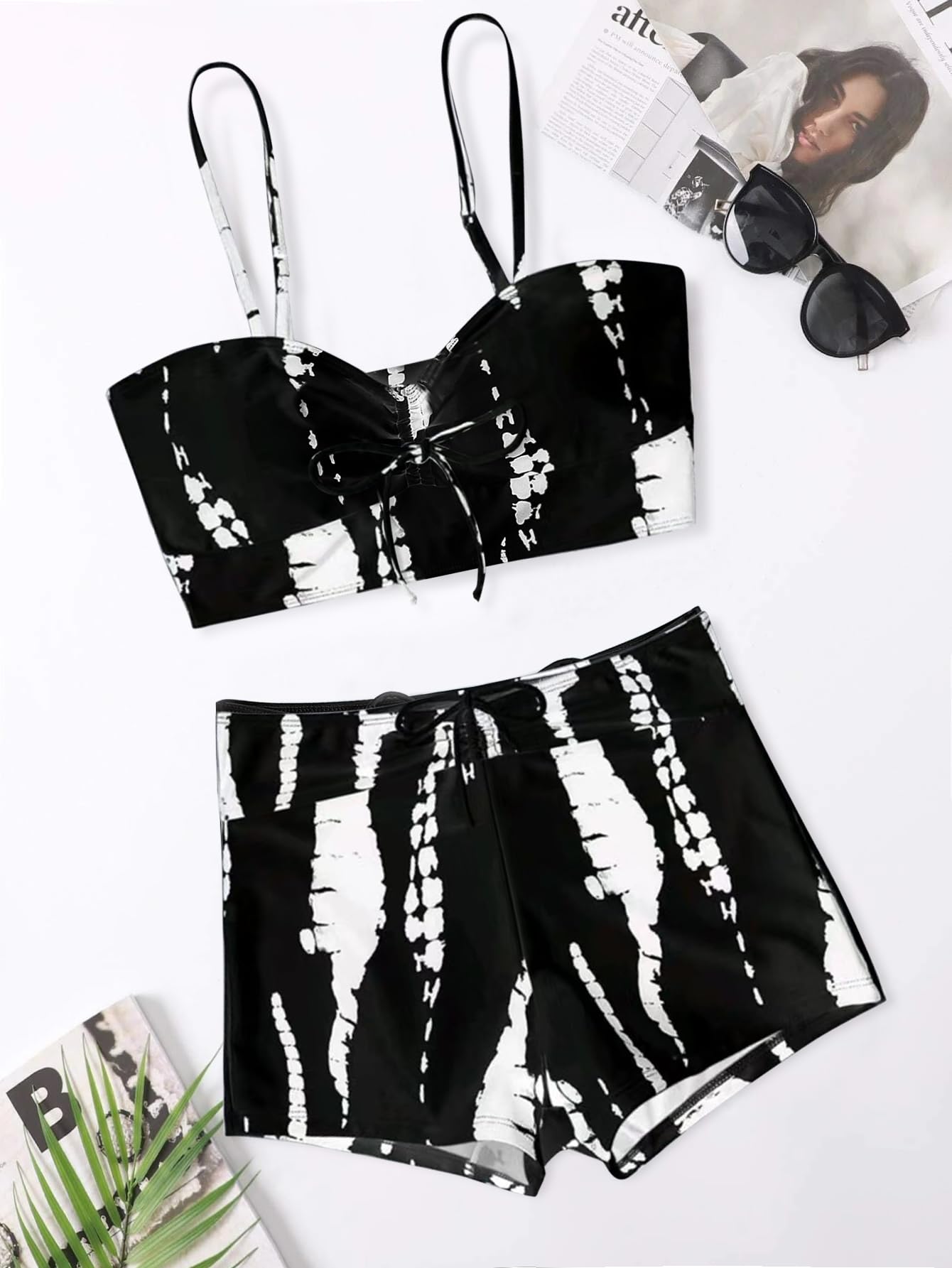 Lilosy High Waisted Tummy Control Drawstring Bikini Set String Swimsuit Cami Top and Tie Side Shorts 2 Piece Women Bathing Suit Black White Small