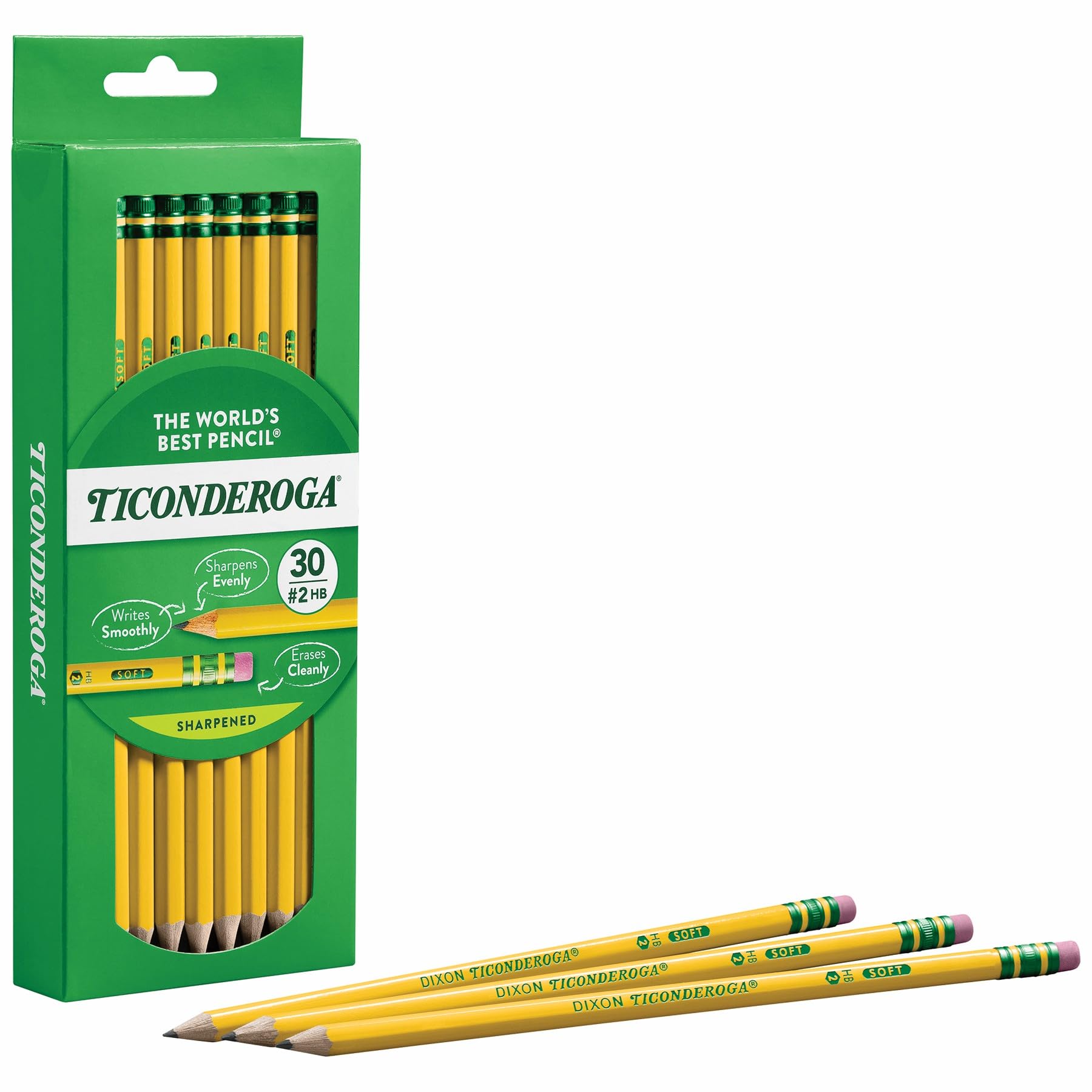 Ticonderoga Wood-Cased Pencils, Pre-Sharpened, #2 HB Soft, Yellow, 30 Count