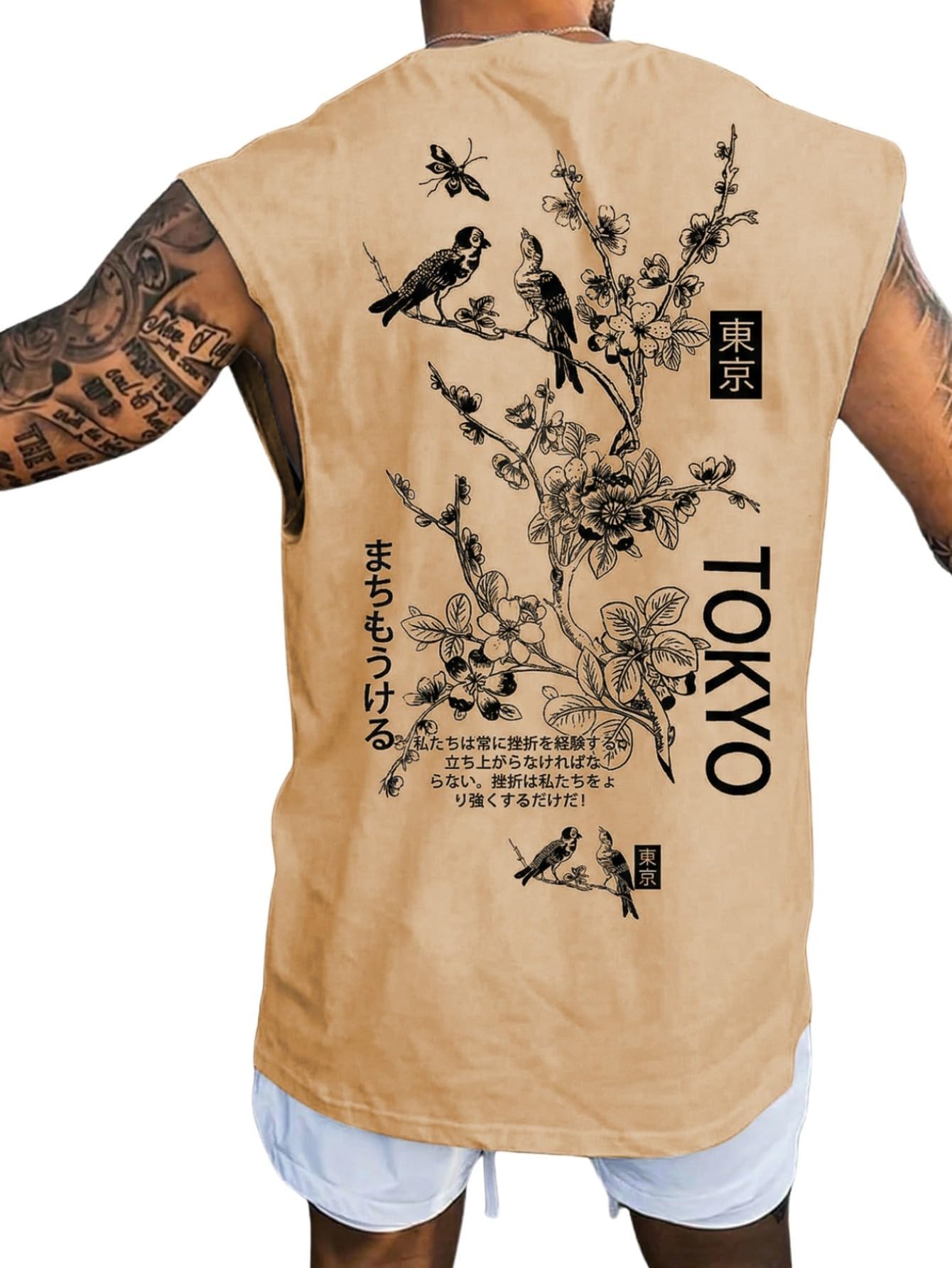 WDIRARA Men's Letter Floral Graphic Tank Top Crew Neck Sleeveless Summer T Shirts Apricot XX-Large