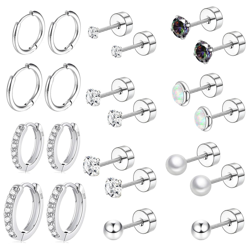 Hypoallergenic Flat Back Earring Sets for Multiple Piercing Sterling Silver Small Huggie Hoop Earrings for Women Surgical Stainless Steel FlatBack Silver Stud Earrings Trendy Cartilage Earring Stacks