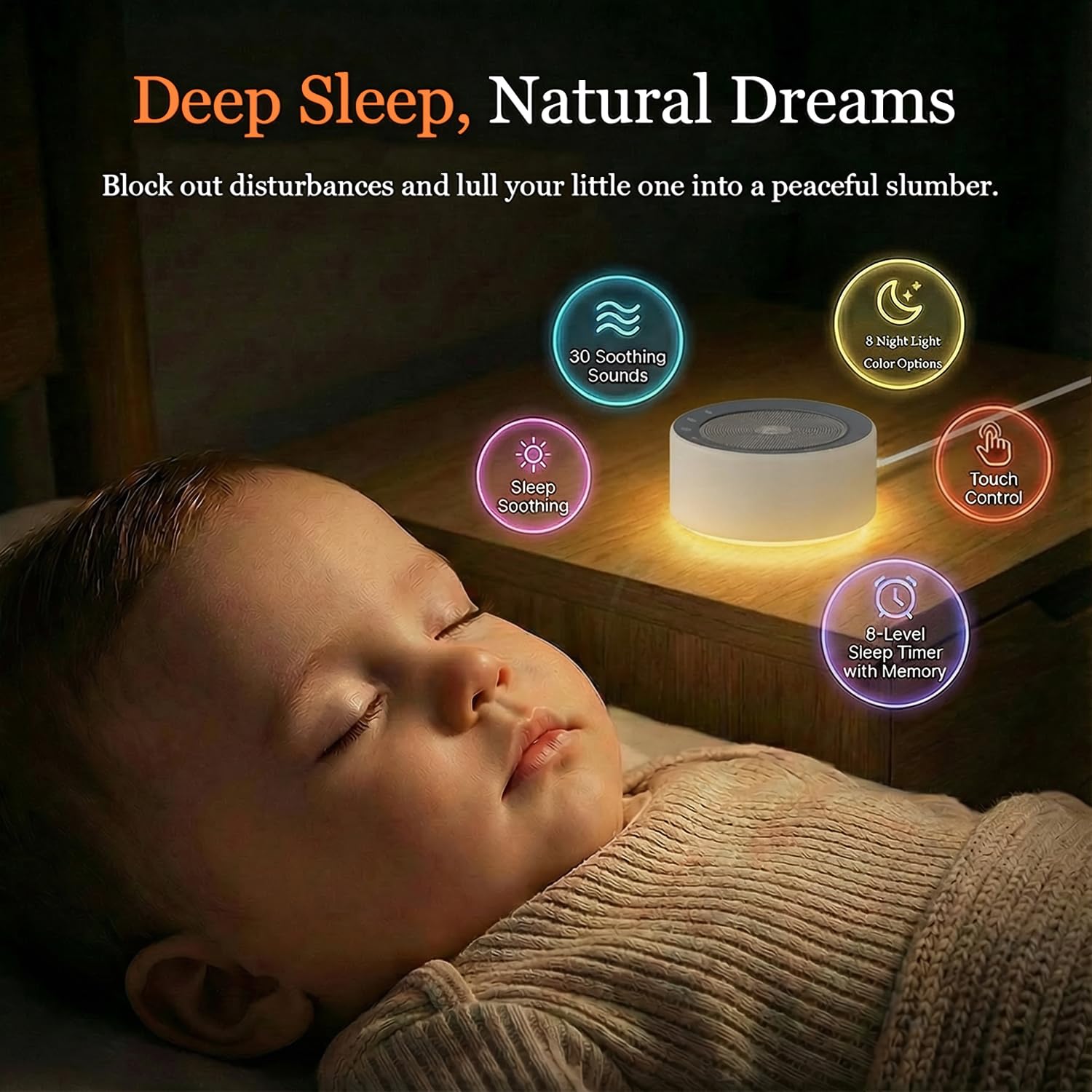 Kipcush White Noise Machine with Night Light – Nursery Sound Machine with Soft Non-Glare Lamp, 30 Soothing Sounds, 8 Color Lights, Up to 8-Hour Timer for Baby & Adults