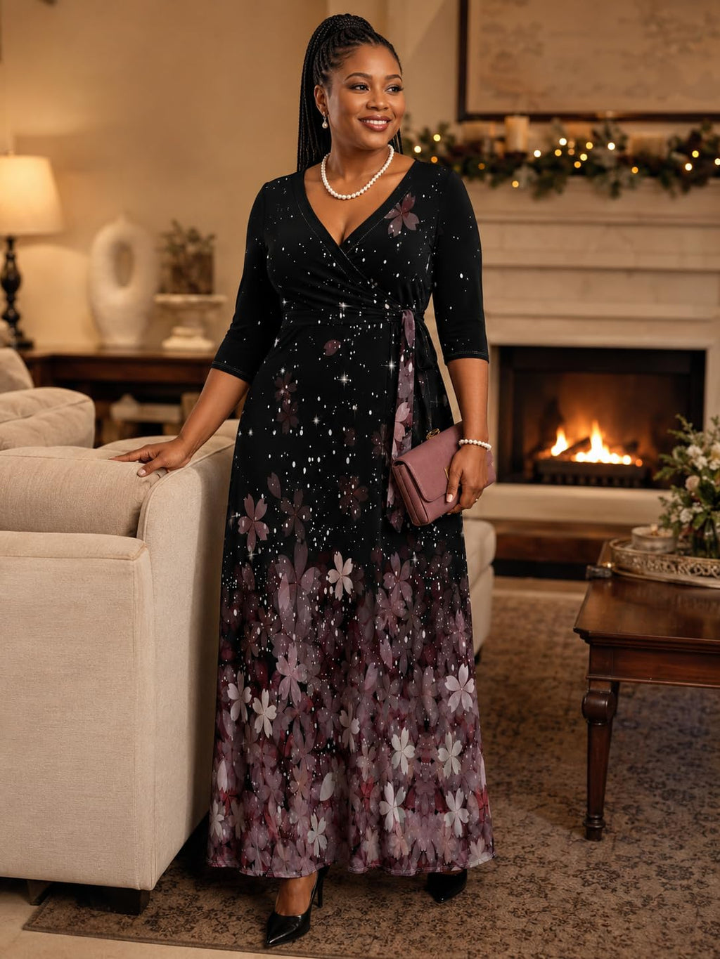 PinkPatty Women's Floral Print Maxi Dress 3/4 Sleeve V-Neck Casual Loose Wrap Tie Waist Long Dress XX-Large