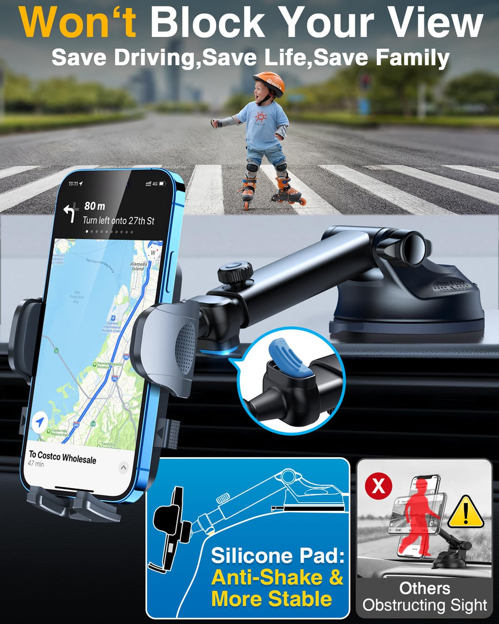 YRU True Military-Grade [360° Rotation Suction] 2026 Ultimate Car Phone Holder Mount 【90+LBS Safest Strongest & Patent Certs】 Dashboard Windshield Vent for iPhone 17 16 Pro Max Samsung, Gloss Black