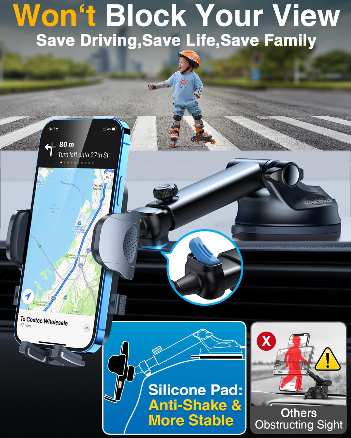 YRU True Military-Grade [360° Rotation Suction] 2026 Ultimate Car Phone Holder Mount 【90+LBS Safest Strongest & Patent Certs】 Dashboard Windshield Vent for iPhone 17 16 Pro Max Samsung, Gloss Black