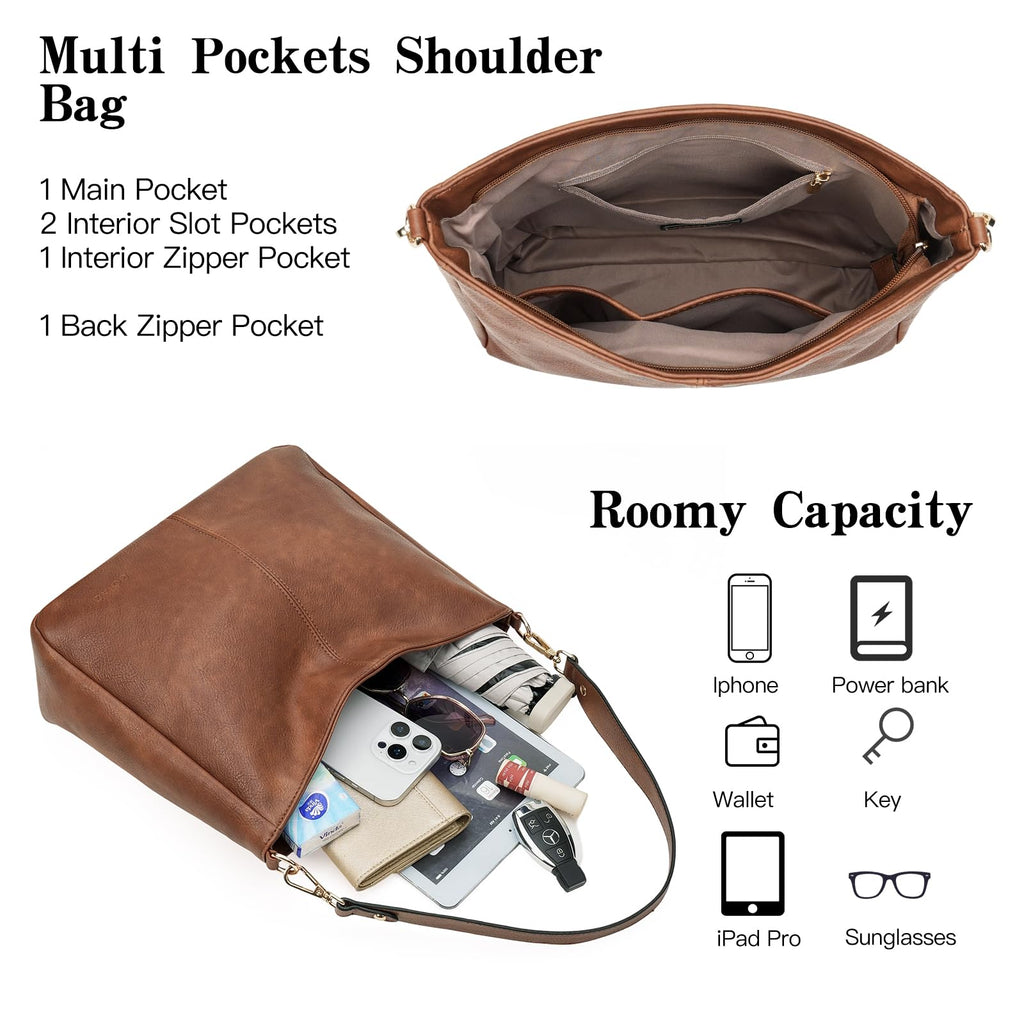 GOIACII Hobo Bags for Women, Soft Leather Shoulder Crossbody Purse, Ladies Large Casual Tote Handbag Multi Pocket