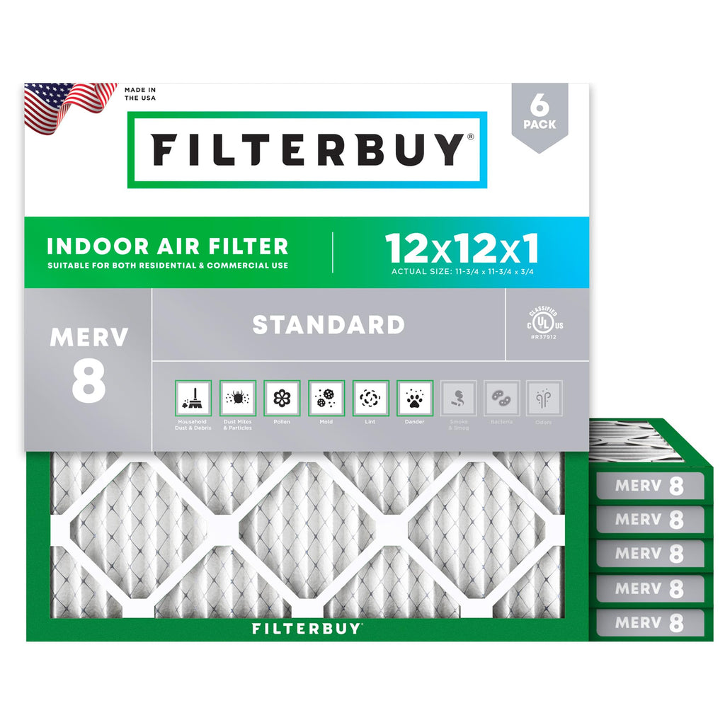 Filterbuy 12x12x1 Air Filter MERV 8 Essential Dust & Allergy Defense (6-Pack), Electrostatic Pleated HVAC AC Furnace Filters Replacement, Made in USA (Actual Size: 11.75 x 11.75 x 0.75)