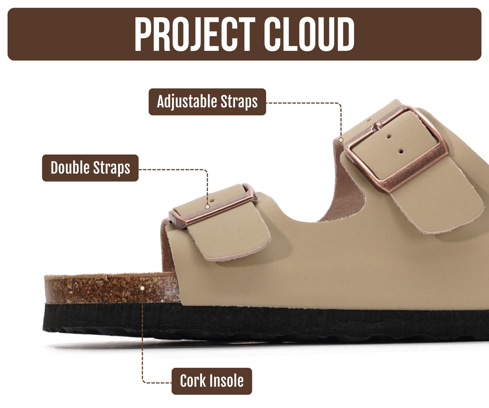 Project Cloud 100% Genuine Leather Flat Sandals For Women 2026 Cork Footbed Womens Sandals with Memory Foam and arch support Vacation Essentials Slides for Women Footwear (Venita, Beige, 5.5)