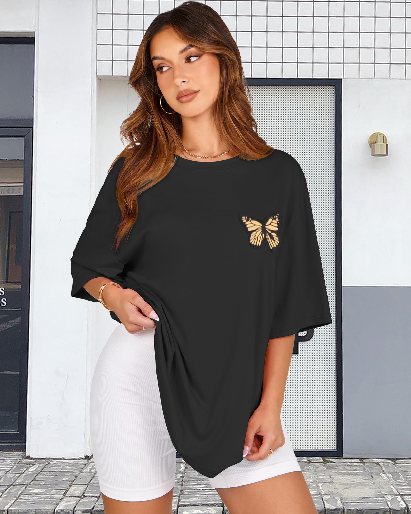 Womens Oversized Tshirt Graphic Tees Crew Neck Summer Short Sleeve Loose Fit Tops (A-Butterfly Print Black, L)