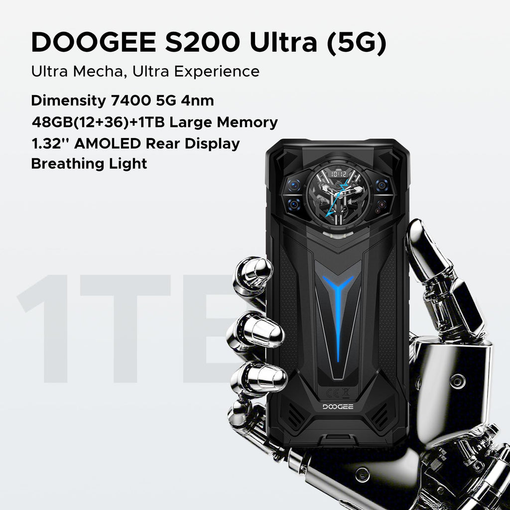 DOOGEE S200 Ultra Rugged Phone Unlocked, 5G Android 15 with 1.32" Secondary Display, 48GB+1TB Storage, 11000mAh, 66W Fast Charge, AI Quad Camera 100MP+32MP, 6.72" Rugged Smartphone Dual SIM/NFC/OTG