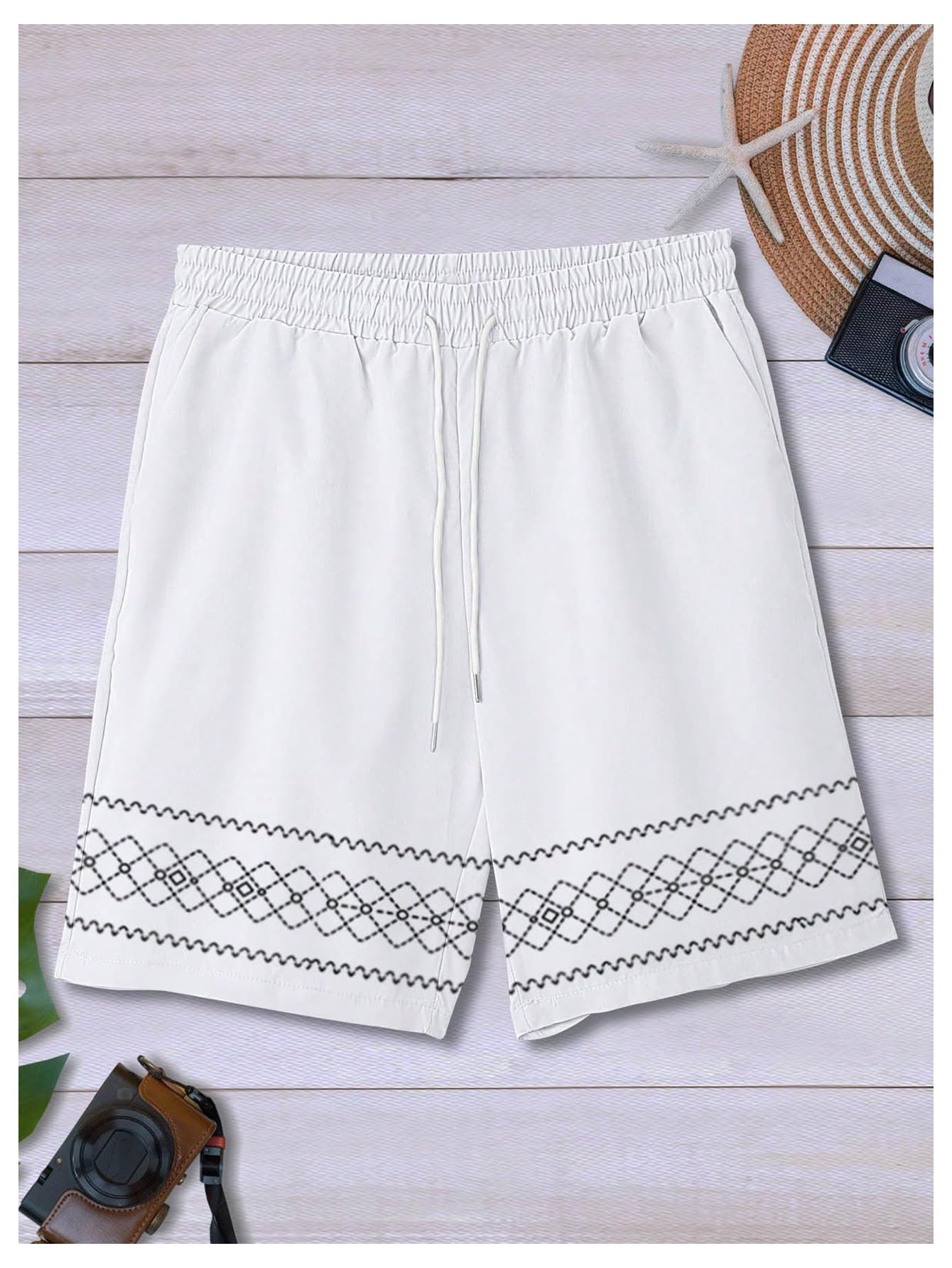WDIRARA Men's 2 Piece Outfits Geometric Print Button Down Short Sleeve Shirt Shorts Set Vacation Outfits White Large
