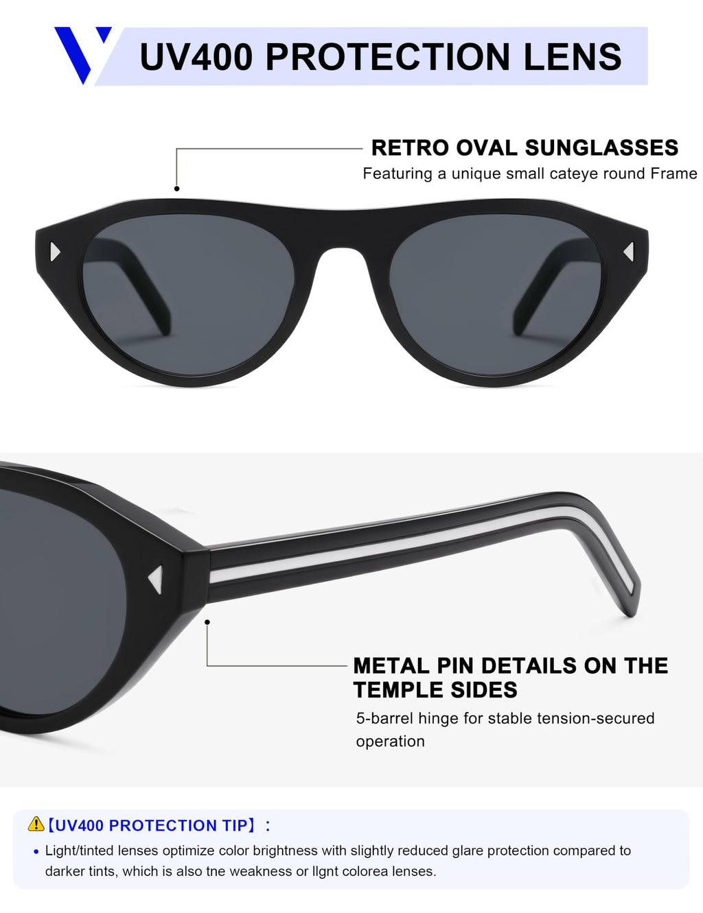 VANLINKER Retro Small Oval Sunglasses for Women Men Trendy Narrow Round Cateye Shades VL9915,Black