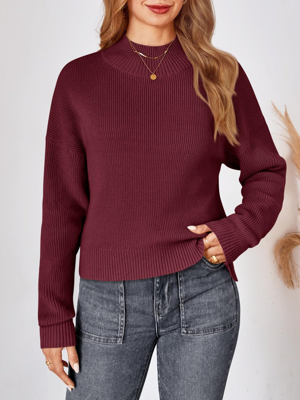LILLUSORY Womens Turtleneck Mock Cropped Sweaters Winter Cute Oversized Knit Trendy Tops Fashion Long Sleeve Fall Clothes Wine S