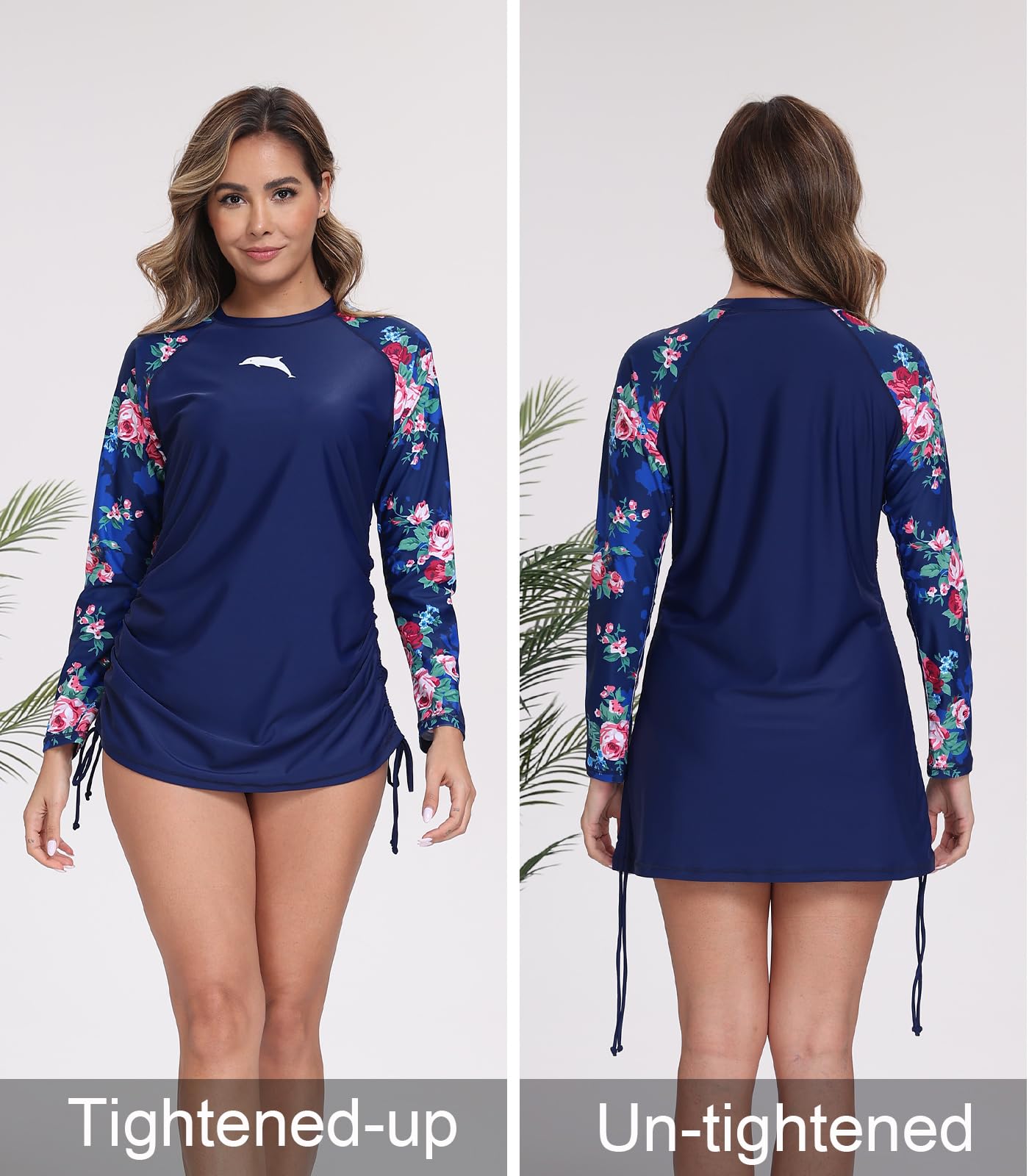 Halcurt Women's Long Sleeve Rash Guard Swim Shirt with Tie Drawstring UPF 50+ Sun Protection Swimsuit Top Navy Red Rose M
