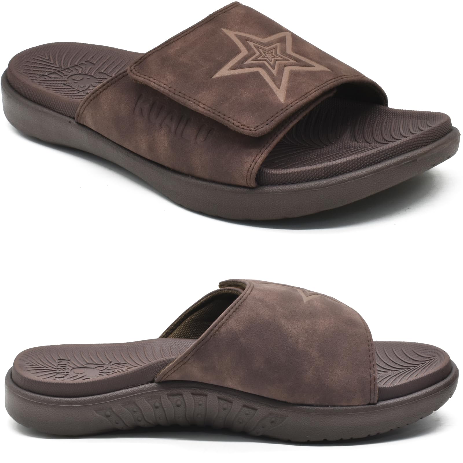 KuaiLu Mens Slides Soft Cushion Sport Sandals with Plantar Fasciitis Arch Support Adjustable Open Toe Summer Slippers Slip on Indoor Outdoor Sandalias Para Hombres, Dark Brown Size 8