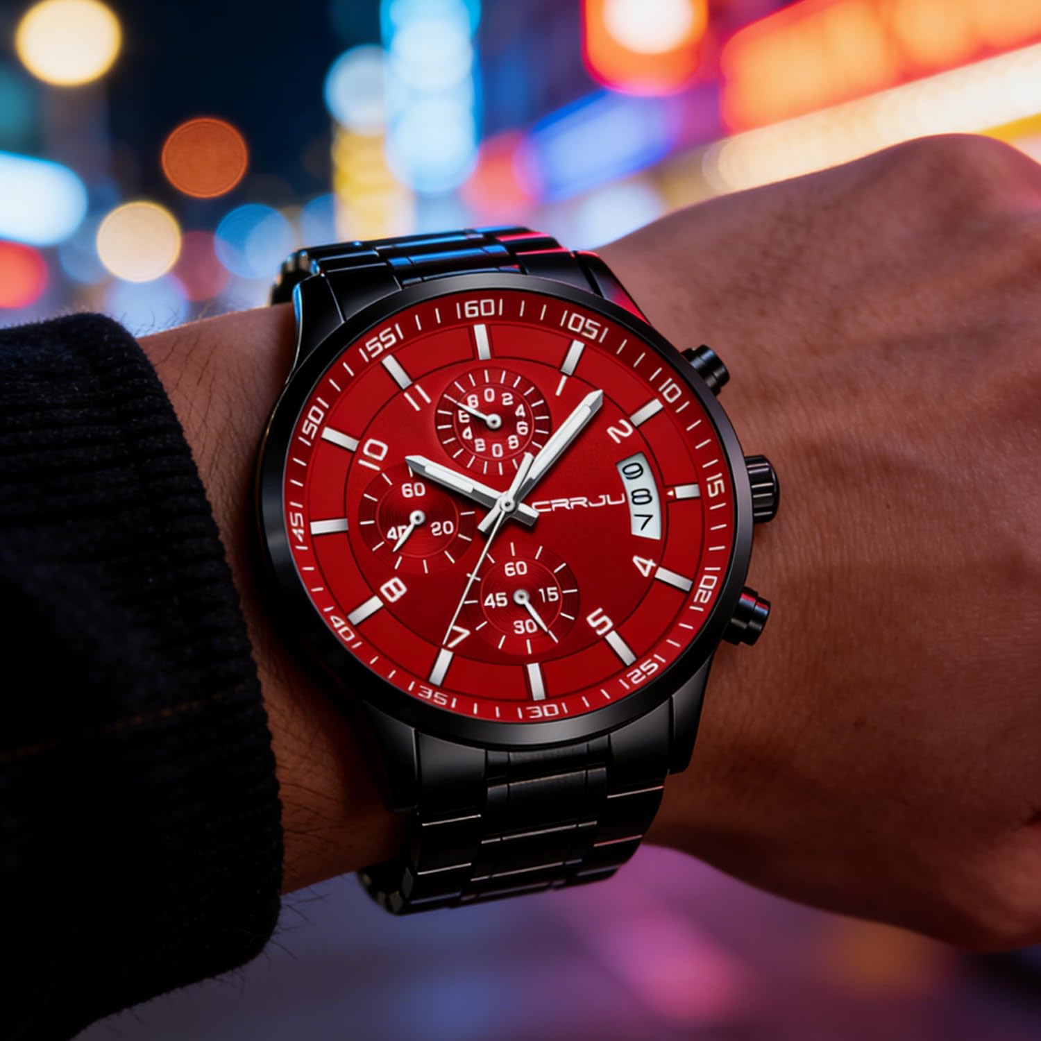 CRRJU Watches Men's Fashion Luxury Stainless Steel Watches Date Waterproof Chronograph Wristwatches,Casual Business Japan Movement Quartz Watch(Black red)