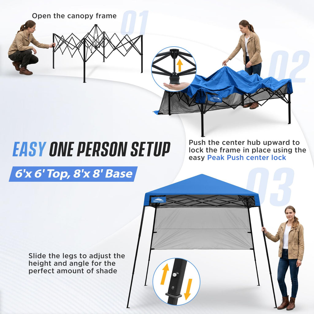EAGLE PEAK 8x8 Pop Up Canopy Tent with Sidewall, Compact, Portable Slant Leg Instant Sun Shelter for Beach, Sports, & Camping, 8x8 Base 6x6 Top, Blue
