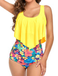 Edelqual Tankini Swimsuits for Women Plus Size Tummy Control Bathing Suit Two Piece Top Modest Full Coverage High Waisted Bikini Bottom Swimwear Set(Yellow Blue Red Flower L)