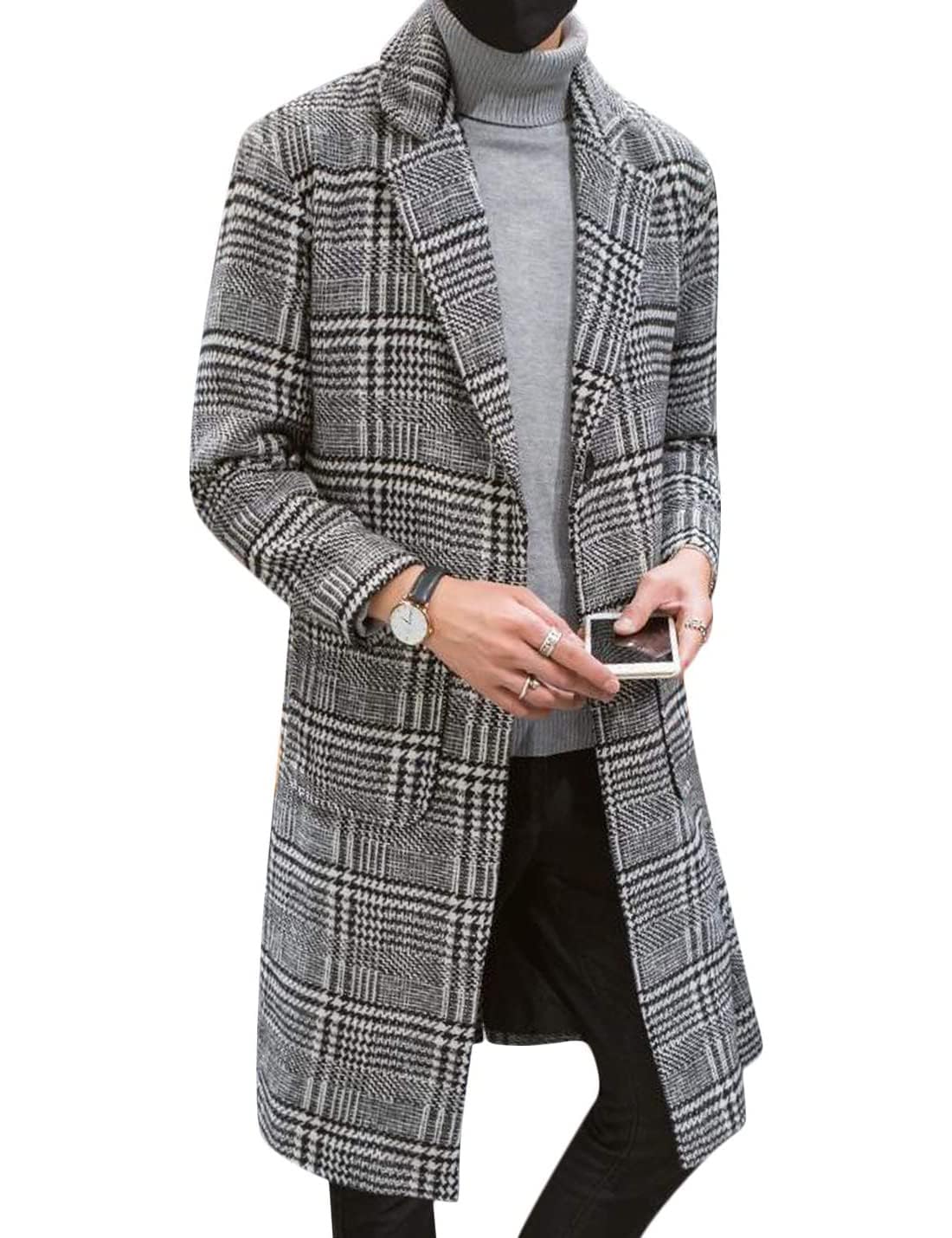 Springrain Men's Wool Blend Pea Coat Notched Collar Single Breasted Overcoat Warm Winter Trench Coat(BlackandWhite-S)