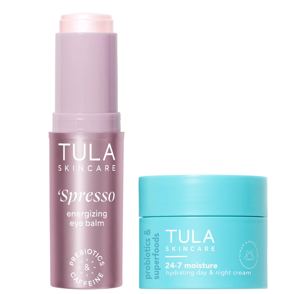 TULA Skin Care Pink 'Spresso Energizing Eye Balm 0.35 oz + Travel-Size 24-7 Hydrating Day & Night Cream 0.5 oz, 2-Piece Holiday Kit
