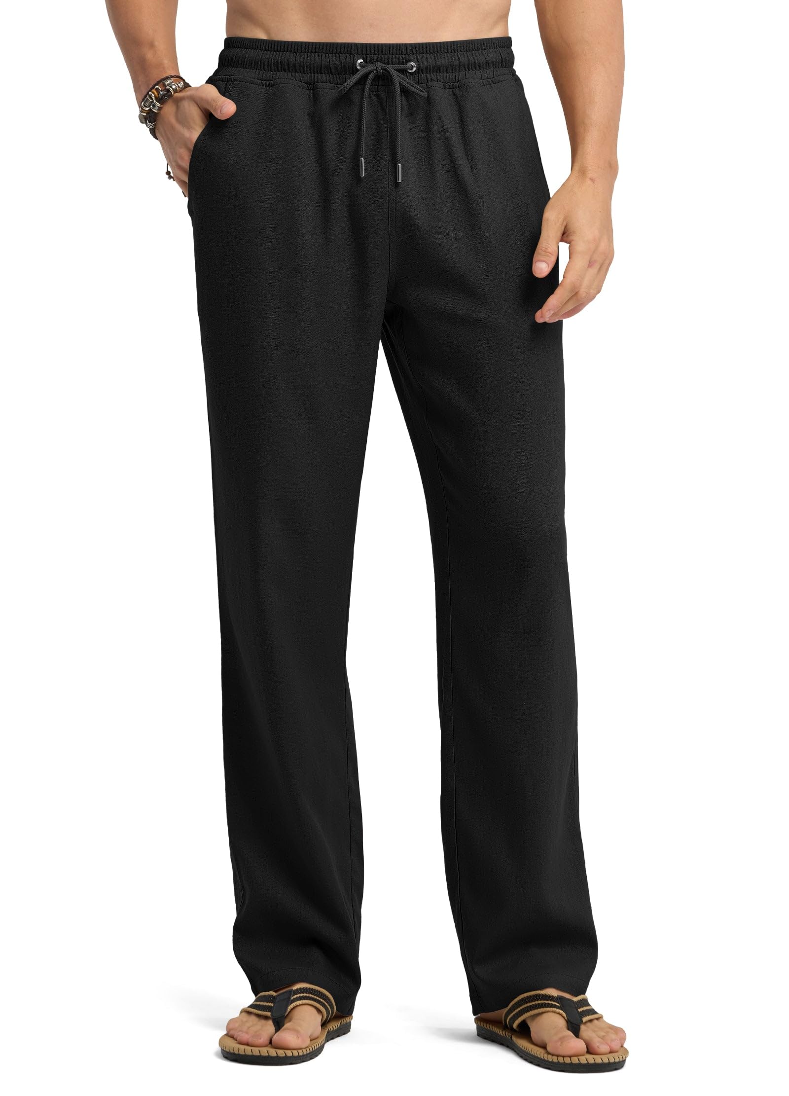 Willit Men's Linen Pants Casual Beach Summer Pants Drawstring Lightweight Yoga Linen Trousers 30" Black L