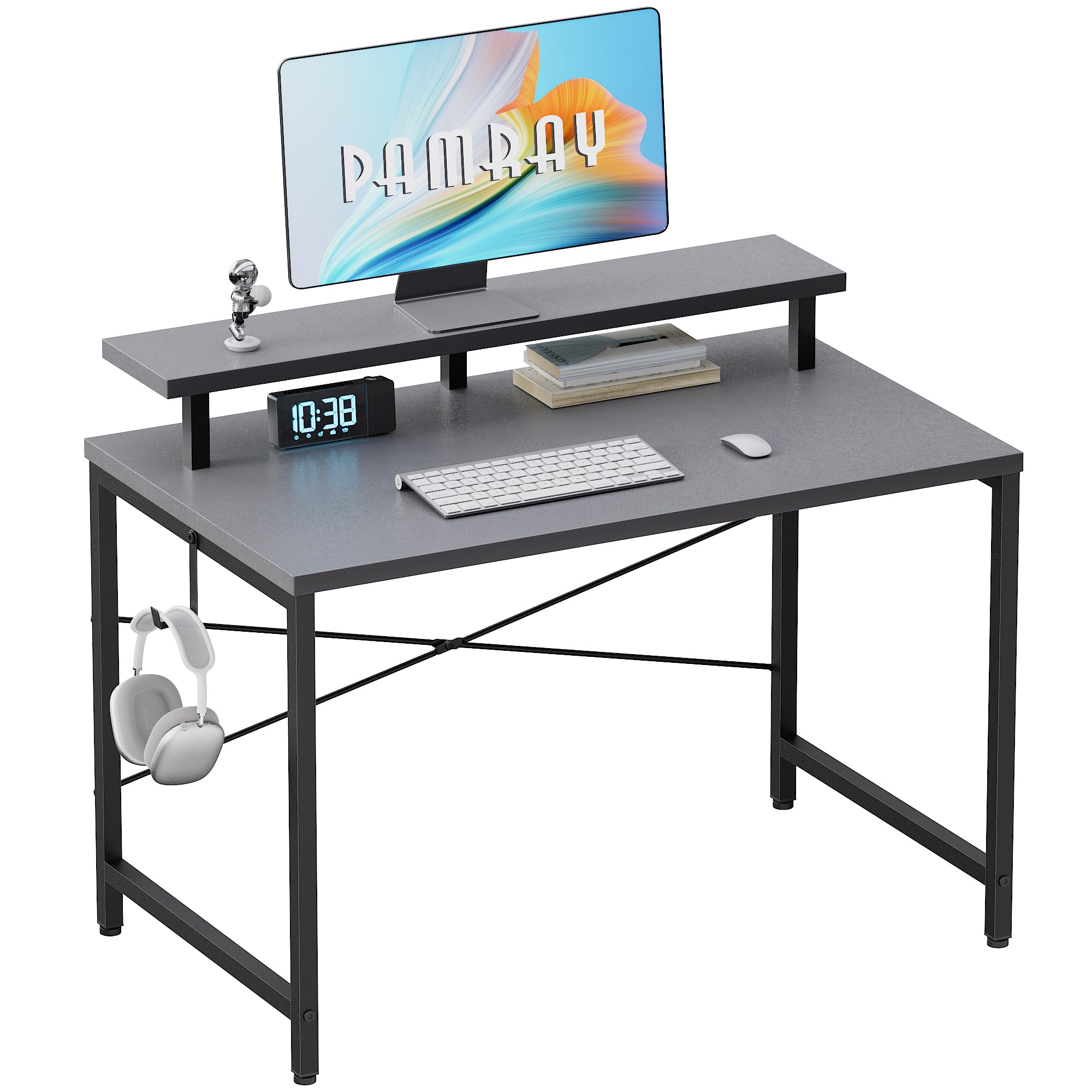 Pamray 32 Inch Small Computer Desk with Monitor Stand, Simple Office Desk with Headphone Hook for Small Spaces, Kids Study Writing Table for Bedroom, Grey