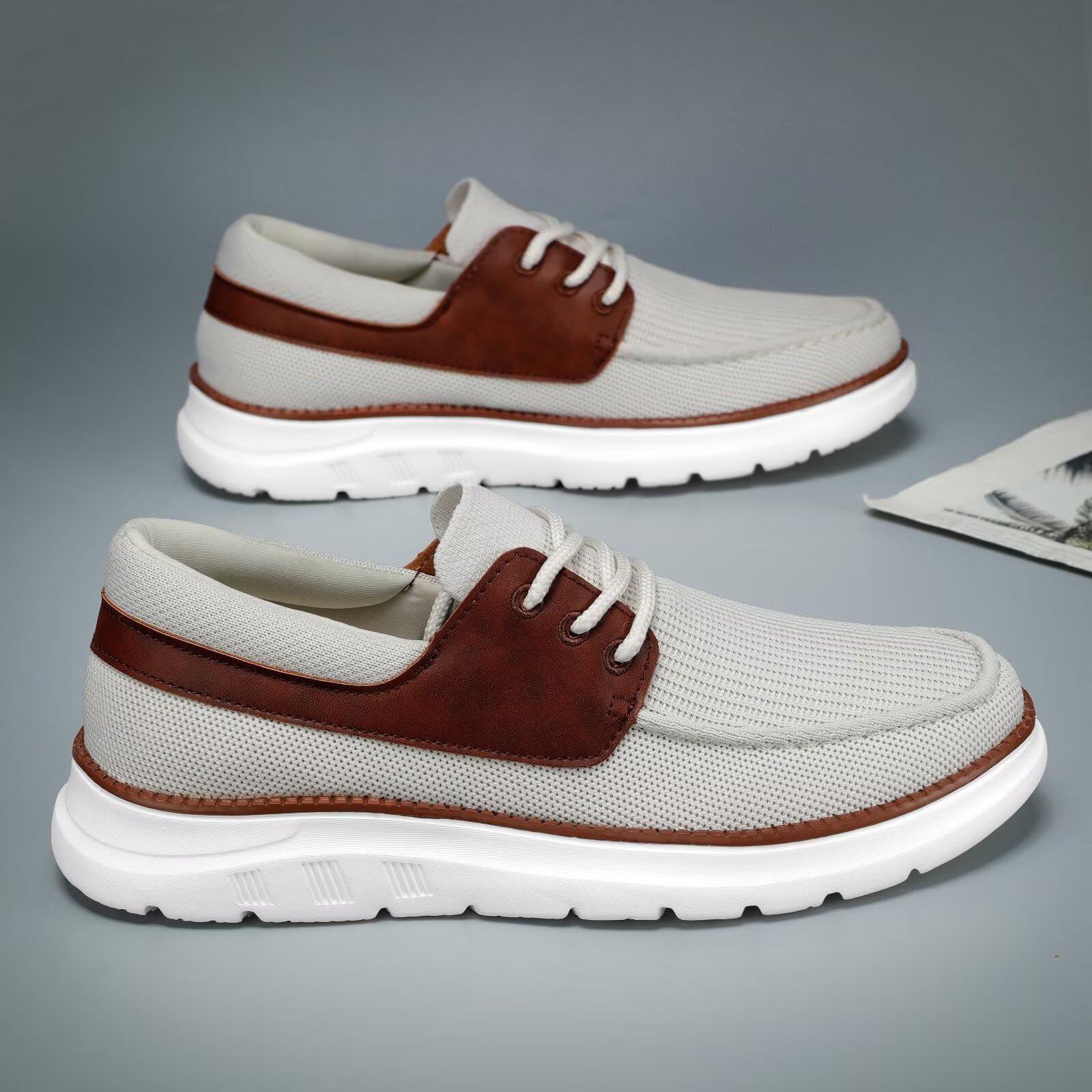 Mens Slip-On Loafers Comfortable Boat Shoes Lace Up Casual Walking Sneakers Mesh Business Oxfords Work Lightweight Soft Sole Beige
