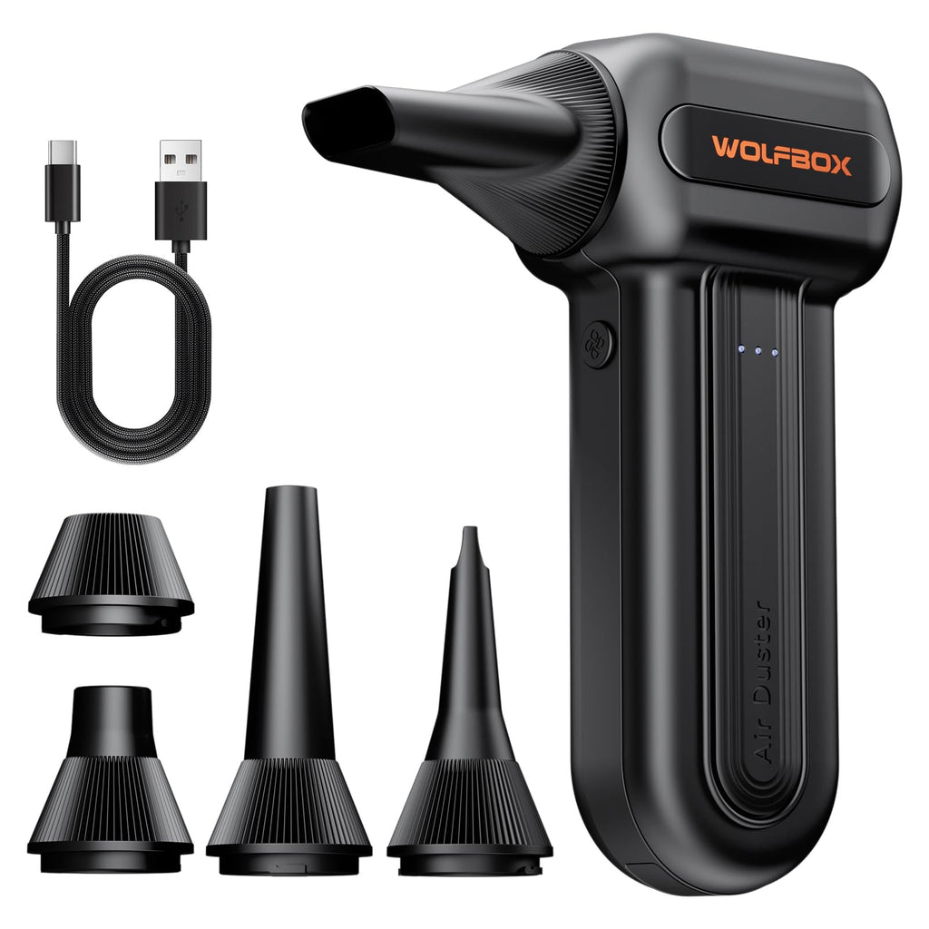 WOLFBOX MF60 Compressed Air Duster-110000RPM Super Power Electric Air Duster, 3-Speed Adjustable Rechargeable Cordless Air Blower with Fast Charging for PC Keyboard Cleaning, Car, Home, 5 Nozzle