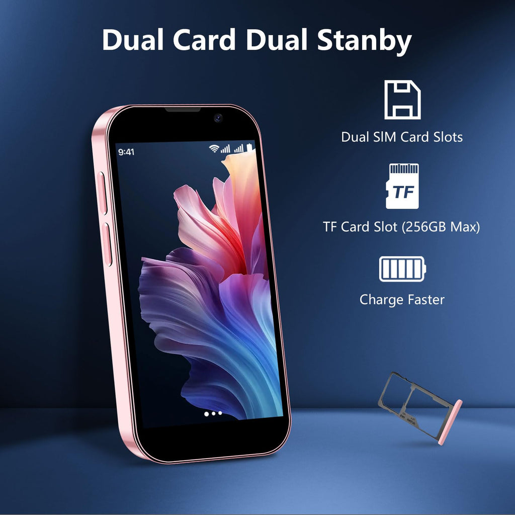 BLKE AIR Mini Phone 3.0" HD Touch Screen Mini Smartphone World's Smallest Unlocked Android Compact Mobile Phone for Kids & Students Cell Phone wih GPS Dual SIM Face ID 2GB+16GB Pink