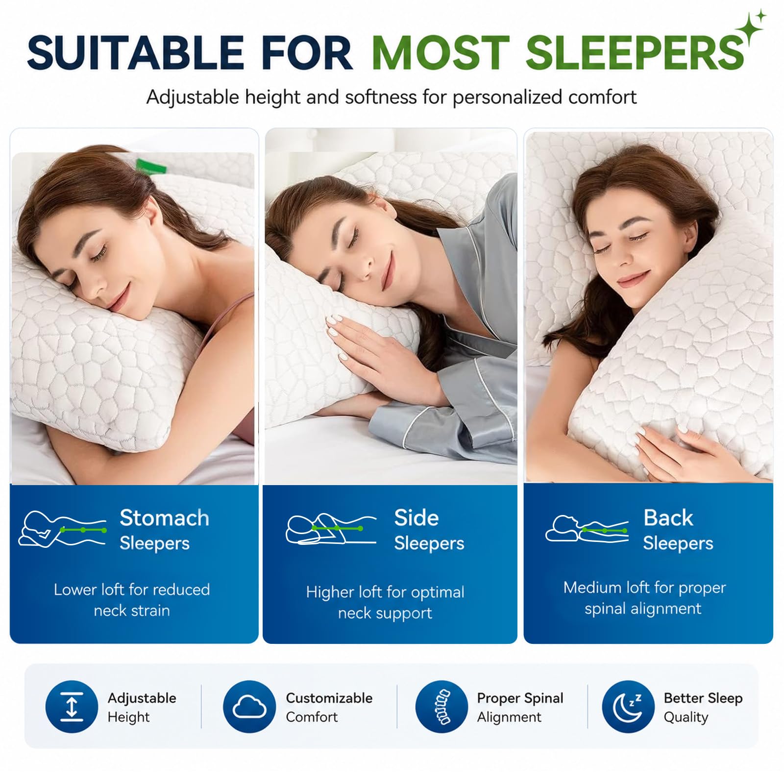 SUPA MODERN Cooling Pillow Queen Size Set of 2, CertiPUR-US Shredded Memory Foam Pillows for Sleeping, Cool Bed Pillows for Hot Sleepers, Adjustable Firm Pillow for Side,Back,Stomach Sleepers