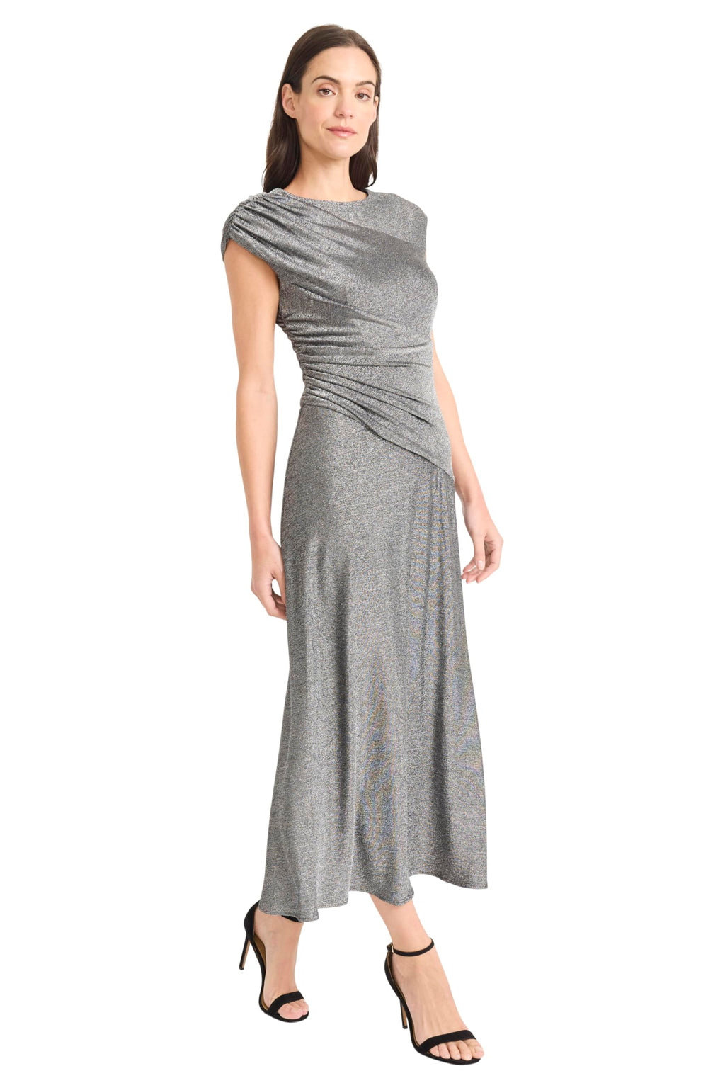 Maggy London Women's Dresses Women's Elegant Ruched Midi Dress - Cap Sleeve Boat Neck - Slim-Fitting Cocktail Dress, Silver, 0