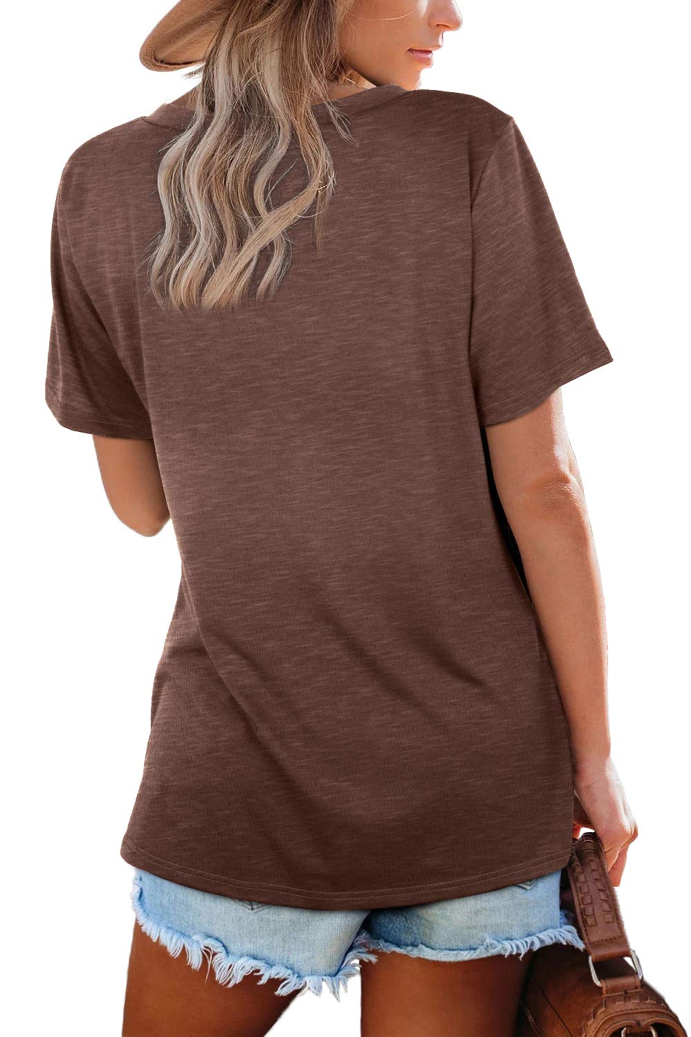 WIHOLL Tops for Women Trendy Short Sleeve Summer T Shirts for Women V Neck Tee Spring Clothes Loose Fitting Business Casual Tops Fashion Clothing Western Outfit for Women Brown L