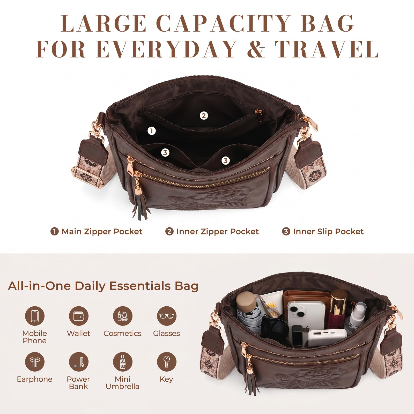 FORUWISH Crossbody Bags for Women, Vegan Leather coffee Crossbody Purse, Multiple Pocket Everyday Travel Shoulder Bag with Boho Strap