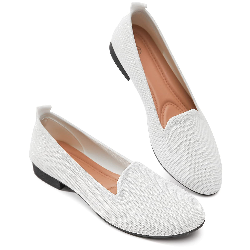 BABUDOG Women's Sparkly Flats Shoes Shiny Mesh Loafers Shoes Soft Memory Foam Flats(Sparkly White.US9)