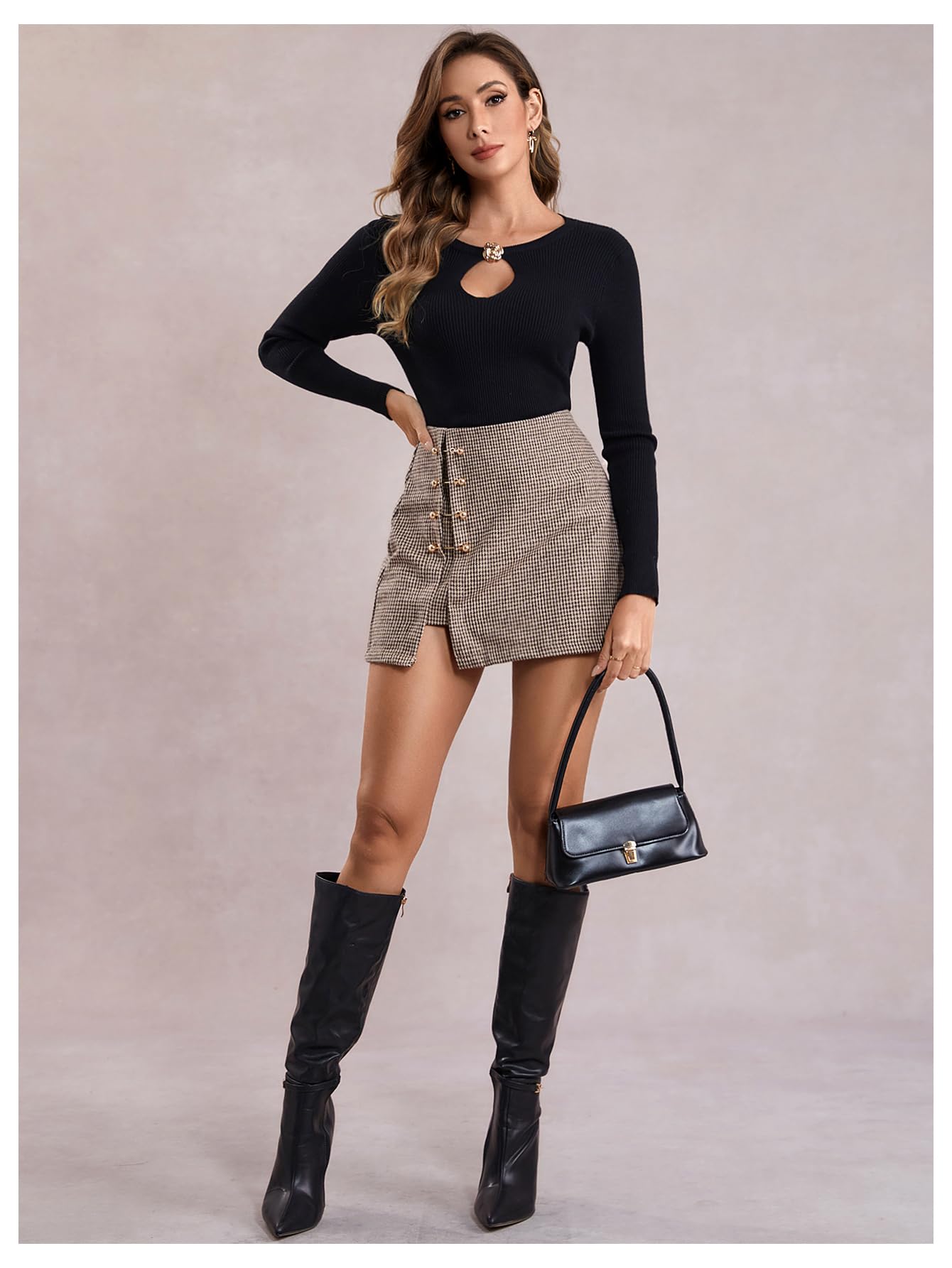 WDIRARA Women's Side Slit Metallic Trim High Waisted Faux Leather Short Skirts Brown Plaid Medium