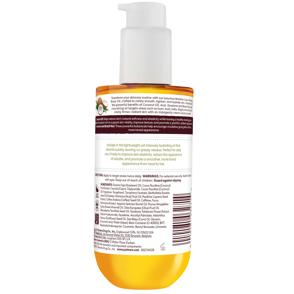 Palmer's Coconut Oil Formula Brazilian Coco Firming Body Oil with Vitamin E, 6.5 Fl Oz, Helps with Skin Tightening & Firming of Bum, Bust & Belly, Provides 48Hr Moisture, Dermatologist Approved