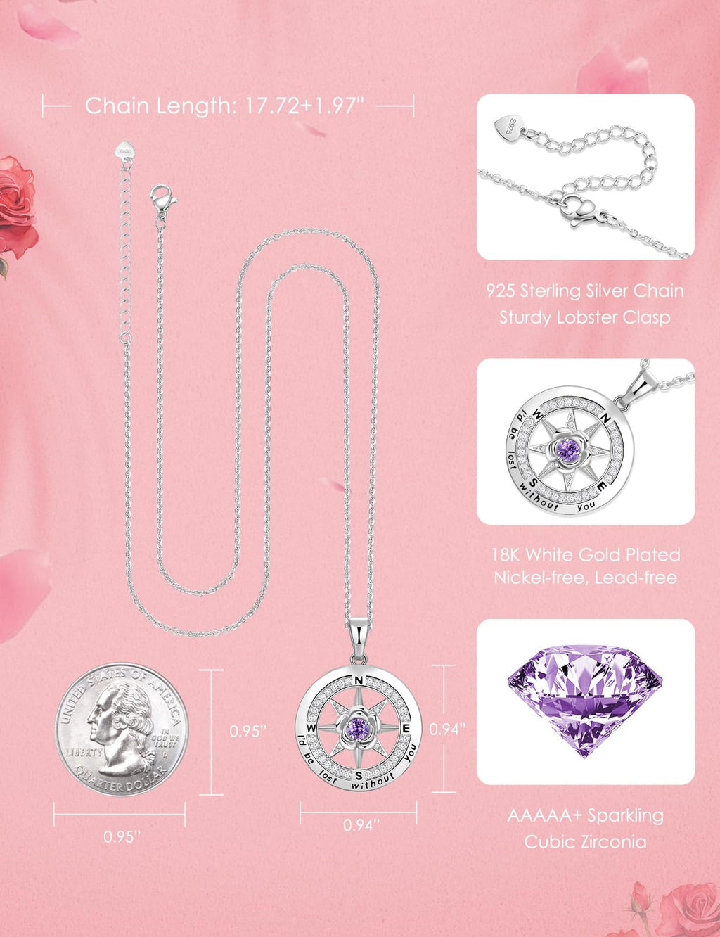Meeshi Compass Necklace for Women Necklaces for Wife Birthday Gift for Wife for Gifts for Anniversary for Her Amethyst Necklace[Feb-Amethyst-S]