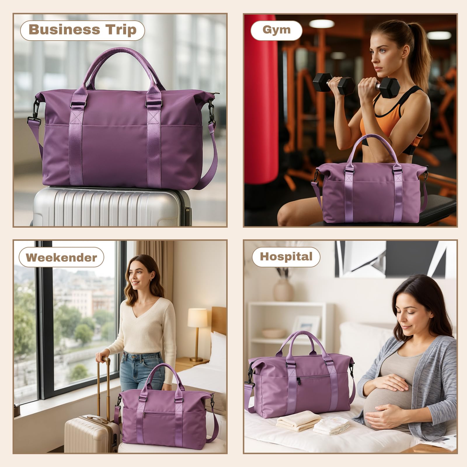Weekender Duffel Bags for Women, Purple Travel Totes Bag for Airplane Essentials, Overnight Bags for Women with Trolley Sleeve, Large Carry On Hospital Bag for Labor and Delivery, Sport, Gym