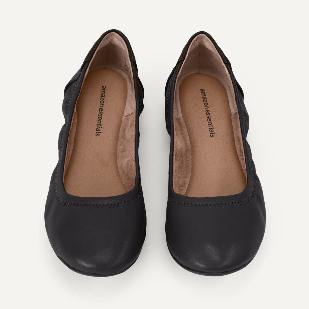 Amazon Essentials Women's Belice Comfortable Slip-On Ballet Flats Shoes, Black Faux Leather, 12 Wide