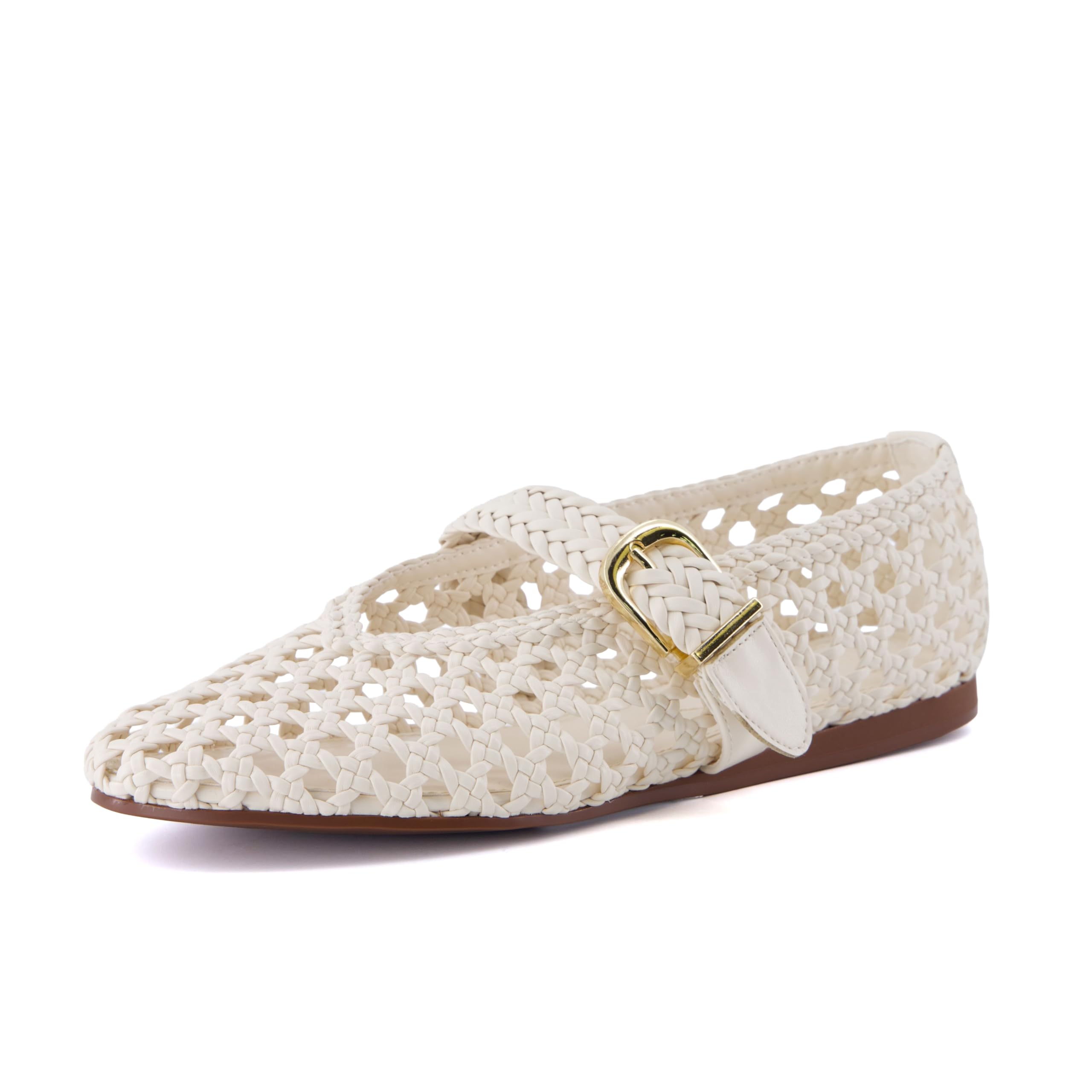 CUSHIONAIRE Wit Hand Woven Womens Flats, Comfortable Mary Jane Ballet Flat with Adjustable Buckle Braided Strap and Cushioned Memory Foam, CREAM 7W