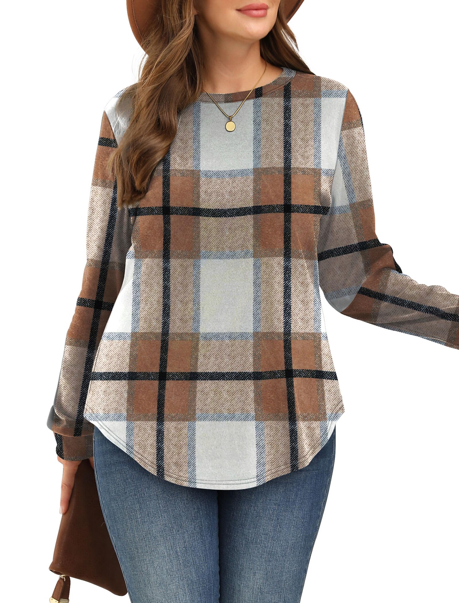 WIHOLL Womens Early Fall Fashion 2026 Outfits School Teachers Long Sleeve Shirts Sweatshirts Winter Sweaters Maternity Clothes Caramel Plaid M