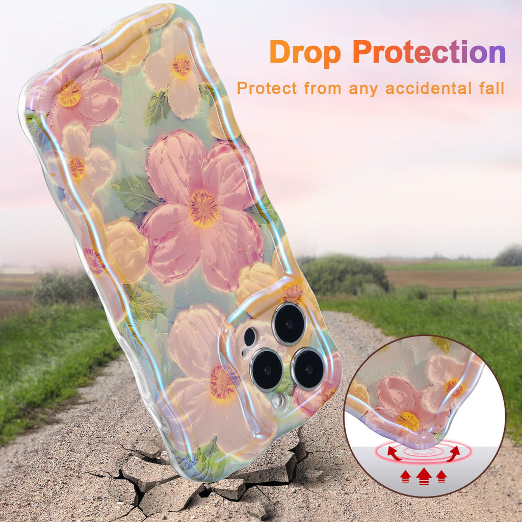 EYZUTAK Case for iPhone 15 Pro Max, Colorful Retro Oil Painting Printed Flower Laser Glossy Pattern Cute Curly Wave Edge Exquisite Phone Cover Stylish Durable TPU Protective Case for Girls Women-Green