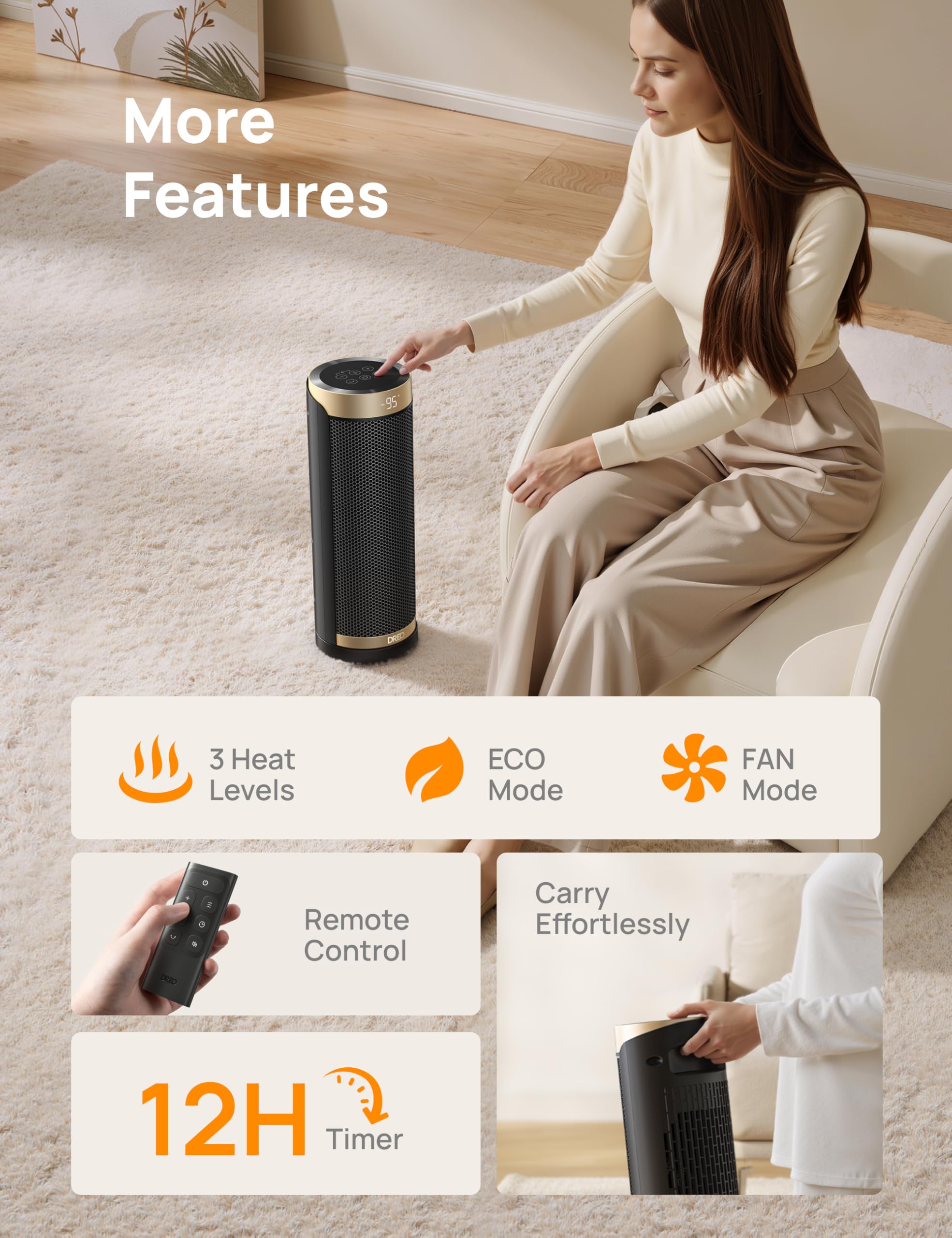 DREO Space Heater, 1500W Electric Heaters for Indoor Use with Thermostat, 70° Oscillation, 8 Safety Protections, 5 Modes, Remote, 12H Timer, Quiet Portable Heater for Office, Bedroom, Large Room