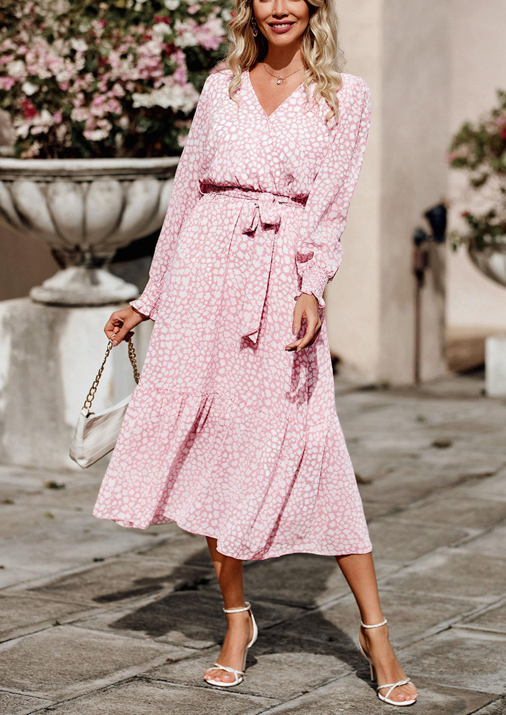 PRETTYGARDEN Women's Floral Boho Dress Fall Long Sleeve Wrap V Neck Ruffle Flowy Maxi Spring Wedding Guest Vacation Dresses (Pink,Small)
