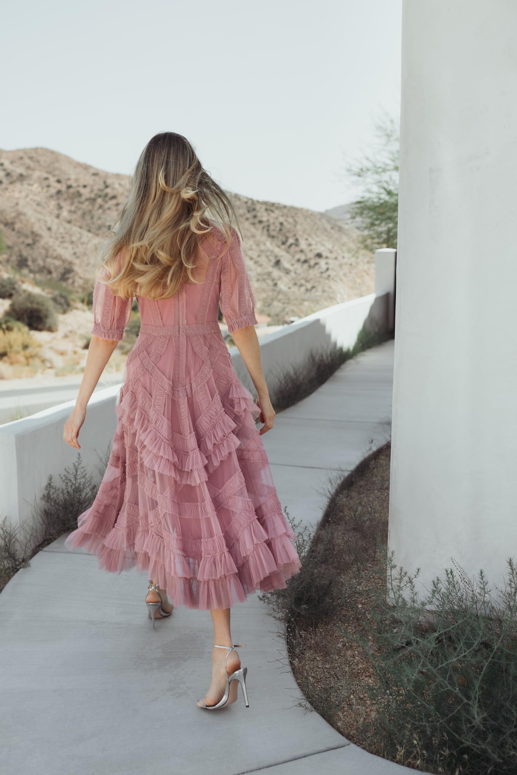 Tiered Midi Dress with High Neck and Micro Ruffle by Mac Duggal